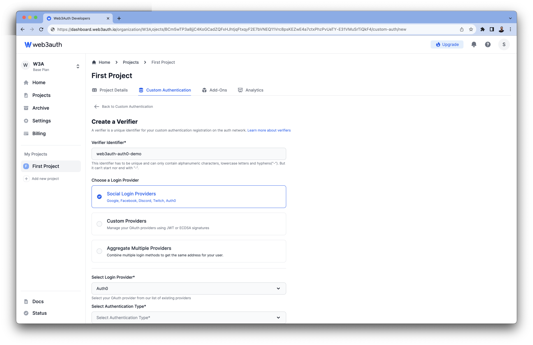 Bitbucket - Login Providers list on Web3Auth Dashboard