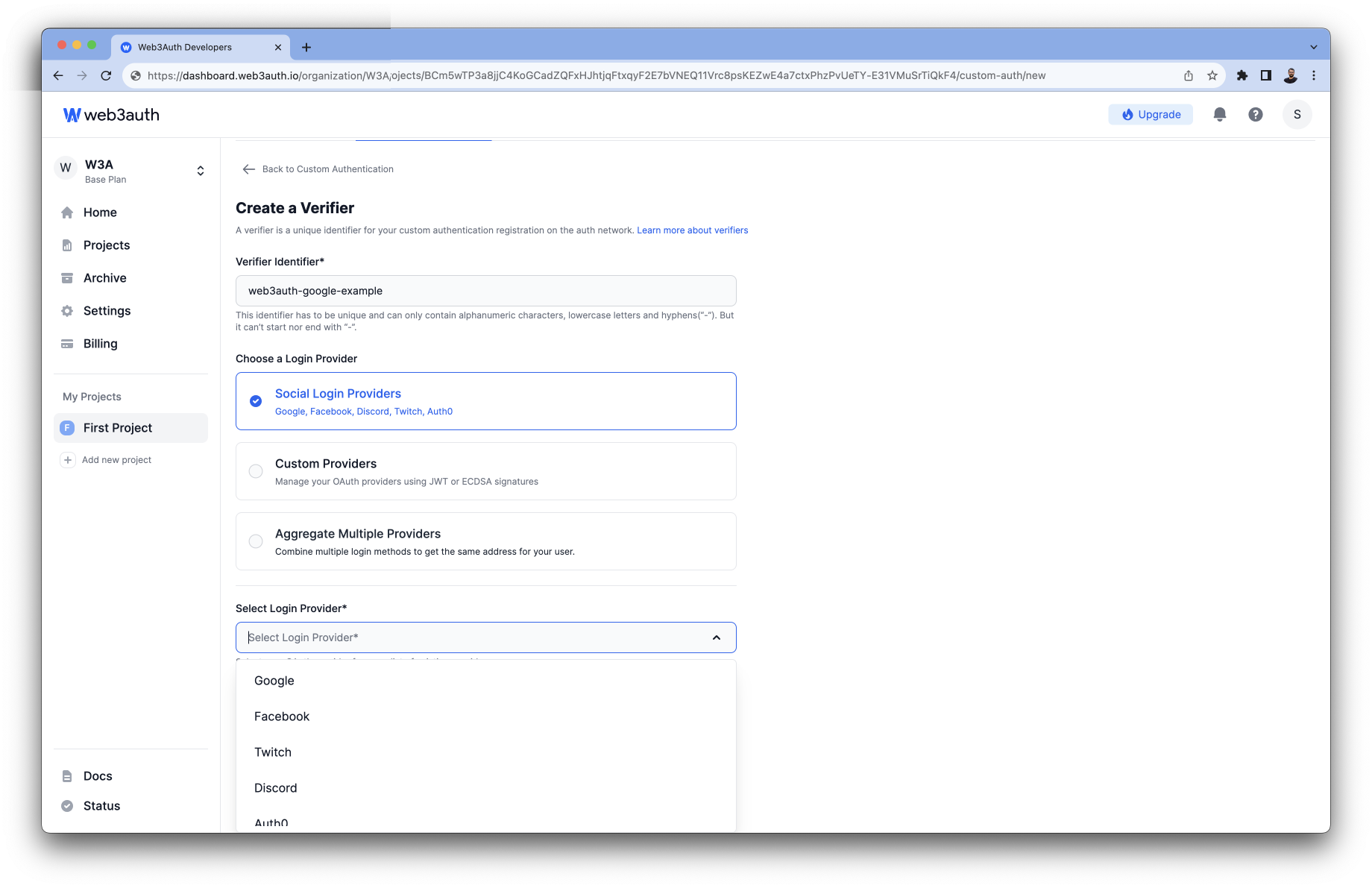 Bitbucket - Auth0 Authentication Type list on Web3Auth Dashboard